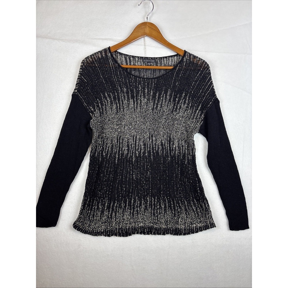 Eileen Fisher Italian Yarn Open Fish Net Knit Sweater Pullover Black Gray Sz S